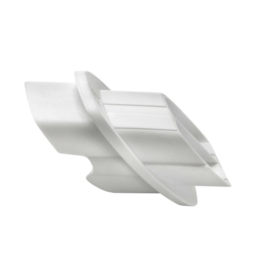 A white plastic attachment piece with a curved and angled design, photographed against a plain white background.