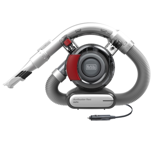 BLACKDECKER PD1200AV portable car vacuum with flexible hose, gray and red, front angle.