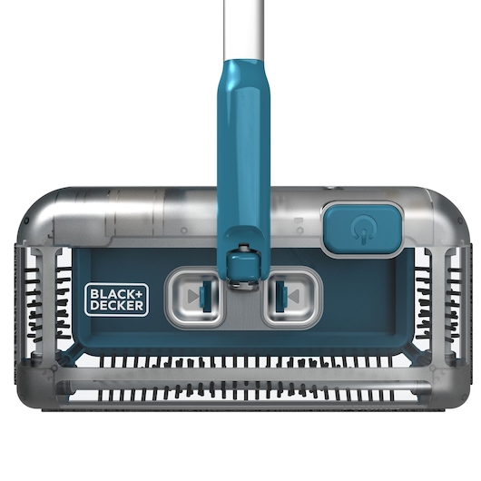 Close-up view of the cleaning head of a BLACK+DECKER floor sweeper, featuring a rectangular design, blue and silver colors, brush edges, and a visible power button.