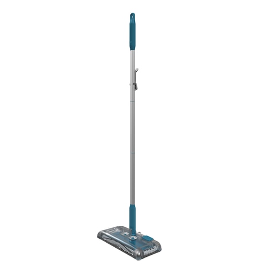 A cordless electric floor sweeper with a blue and grey design, featuring a long handle and a low-profile rectangular base.