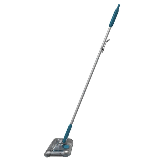 A cordless floor sweeper with a long handle and a rectangular base, featuring blue and silver accents, standing upright against a white background.