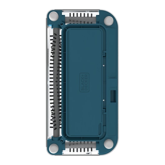 Top view of a BLACK+DECKER rectangular device with a blue casing, featuring four white circular pads at the corners and inner brushes. The brand logo is visible in the center.