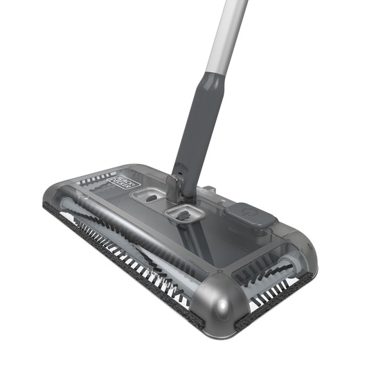 Close-up image of a BLACK+DECKER floor sweeper with a grey handle and transparent casing showing internal brushes.