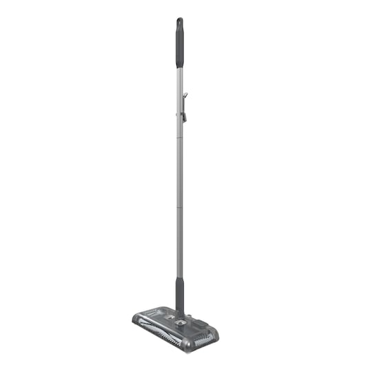 A BLACK+DECKER upright electric floor sweeper with a long grey handle and a rectangular cleaning base, photographed against a white background.