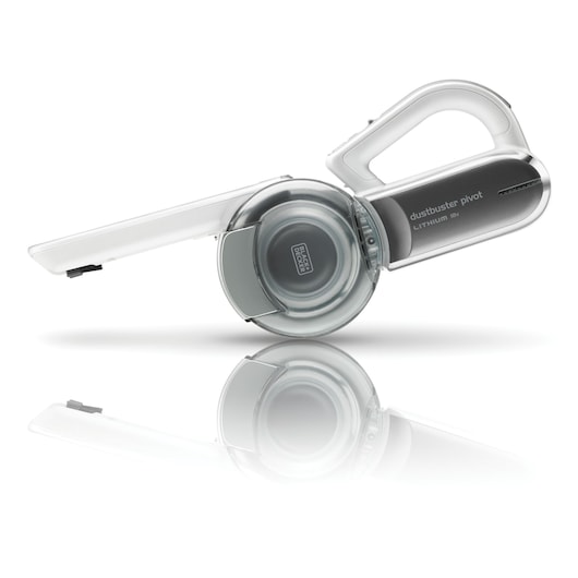 A BLACK+DECKER Dustbuster Pivot handheld vacuum cleaner with an 18V lithium battery, featuring a folding nozzle and ergonomic handle, shown on a white background with a reflection.