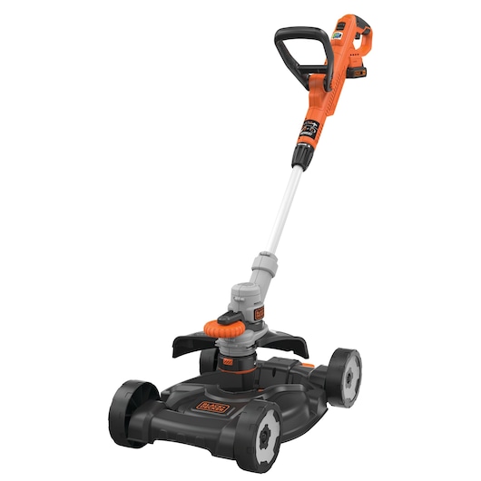 A cordless BLACK+DECKER garden tool with wheels, designed for lawn trimming and edging. The tool has an orange and black body with a handle, wheels, and an adjustable shaft.