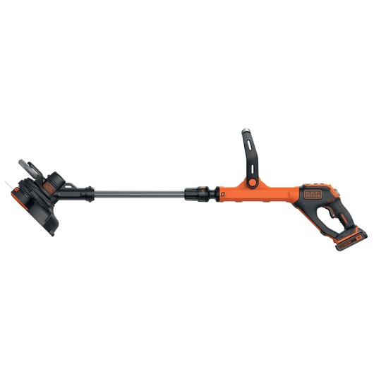 BLACKDECKER STC1820EPC orange and black cordless grass trimmer, side angle, white background.