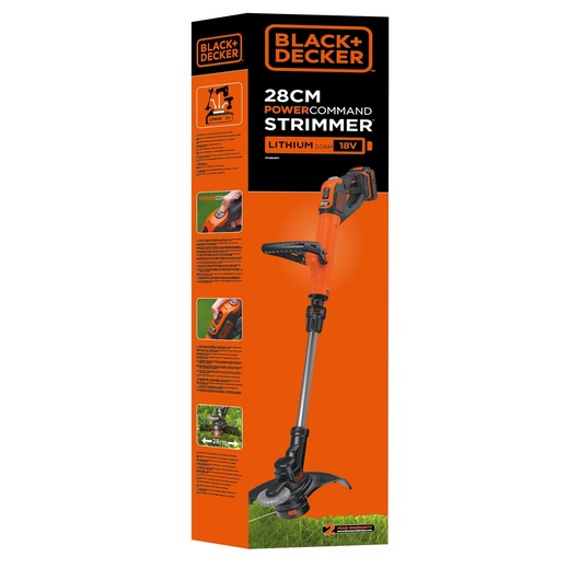 BLACK+DECKER STC1820EPC grass trimmer retail box, orange and black, 28cm 18V lithium cordless strimmer, front view.