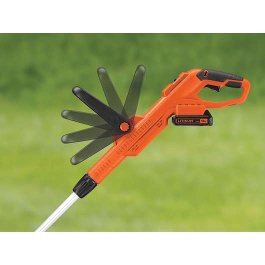 BLACKDECKER STC1820 grass trimmer with orange body, adjustable handle, and 18V lithium battery, side angle.