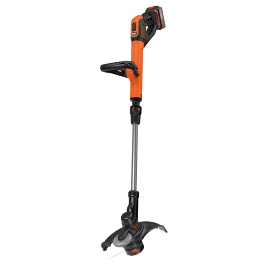 BLACKDECKER STC1840EPC orange cordless grass trimmer, side angle, black and gray handle and shaft