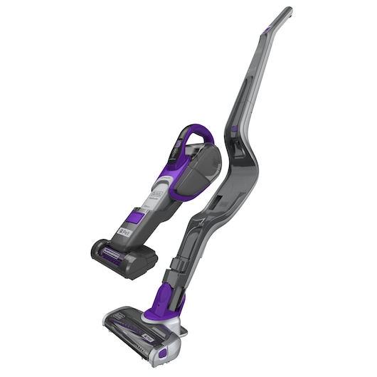 BLACKDECKER SVJ520BFSP cordless stick vacuum, purple and gray color, front angle on white background.