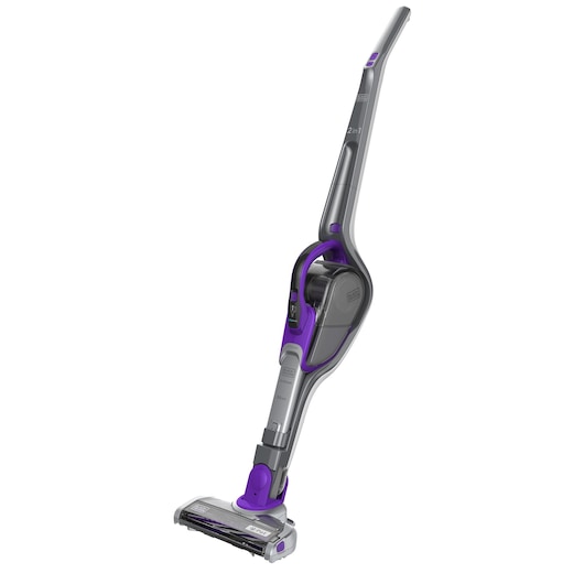 BLACKDECKER SVJ520BFSP stick vacuum, gray and purple, front angle, photography on white background