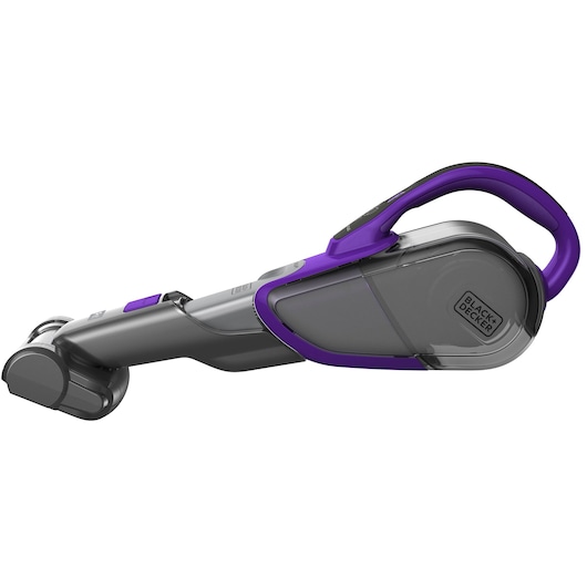 BLACK+DECKER SVJ520BFSP handheld vacuum cleaner, side angle, grey and purple design on white background.