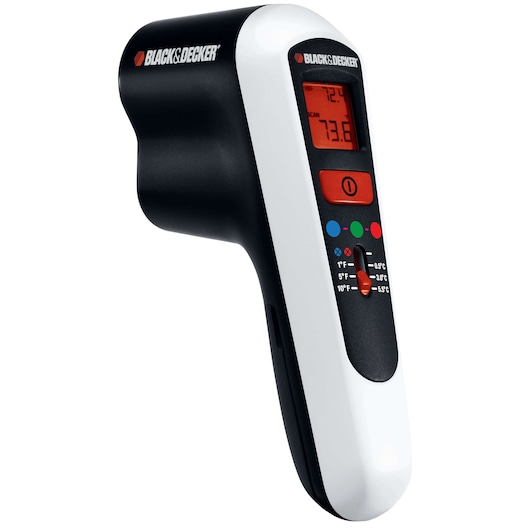 A BLACK+DECKER handheld infrared thermometer with a black and white casing, red digital display screen, and control buttons for temperature measurement.