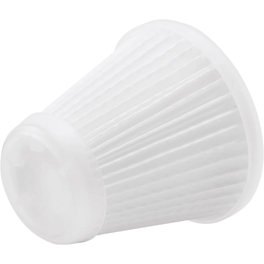 A close-up image of a conical, white pleated filter replacement part, typically used for vacuum cleaners.