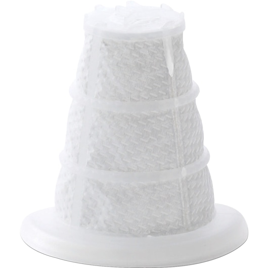 A close-up image of a cone-shaped white mesh vacuum filter with plastic reinforcement rings, shown against a plain white background.