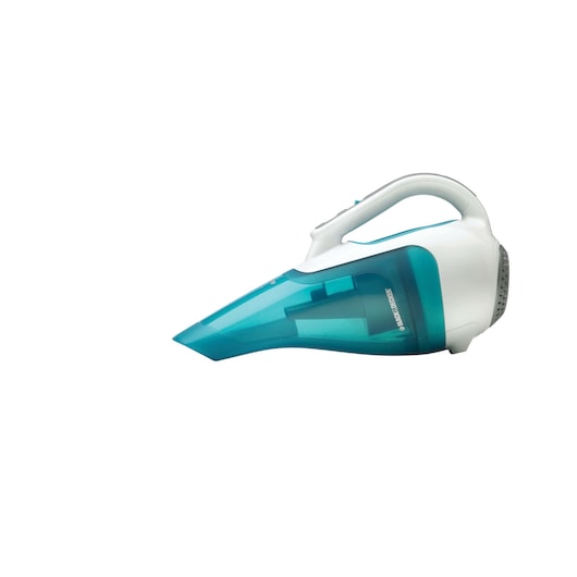 A handheld vacuum cleaner with a white body and a translucent blue dust container.