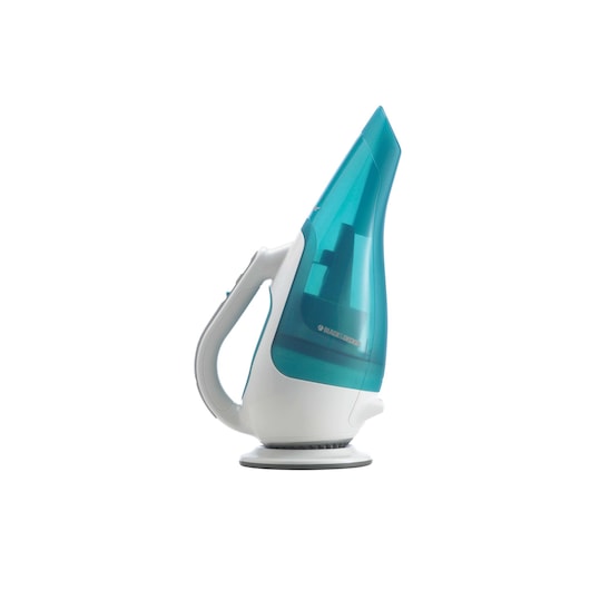 A BLACK+DECKER handheld vacuum cleaner, model WD9610N, with a white base and a translucent blue cover. The vacuum is standing upright on a flat surface, and its modern, ergonomic design is clearly visible.