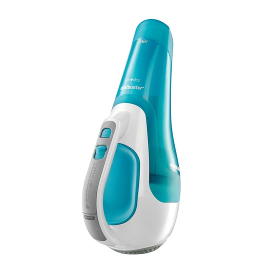 A handheld cordless vacuum cleaner with a white and blue design, shown standing upright on a white background.