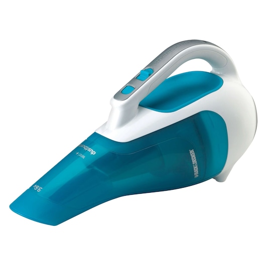 A handheld vacuum cleaner by BLACK+DECKER with a white and blue design, featuring an ergonomic handle and power buttons on top.