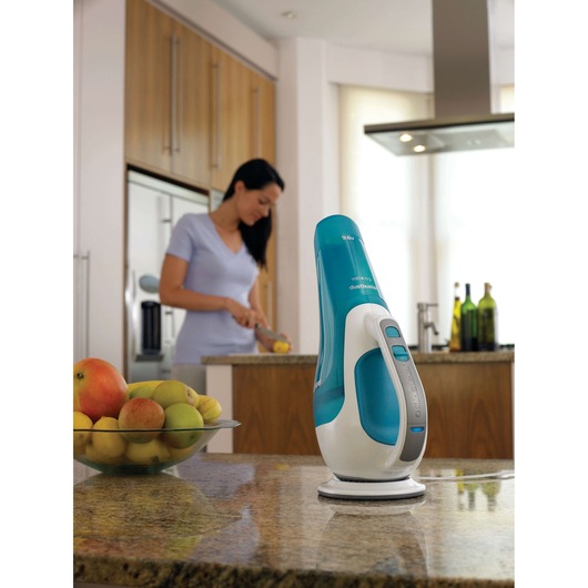 Photo of BLACK+DECKER WD9610N handheld vacuum in blue and white on kitchen counter with fruit bowl and blurred figure in background.