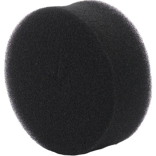 A close-up image of a round, black foam filter, photographed against a white background.
