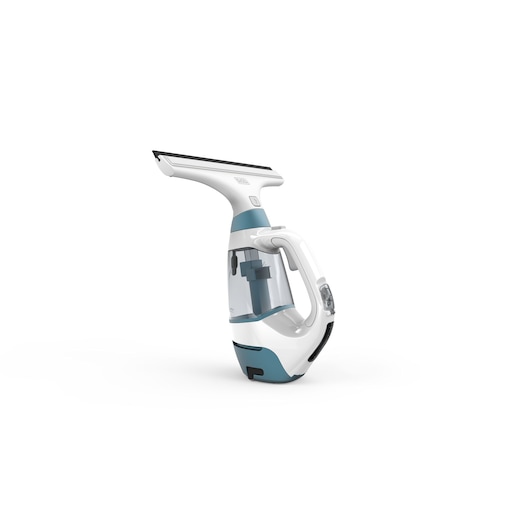 BLACKDECKER WW100 window vacuum cleaner, white and blue, side angle on white background.