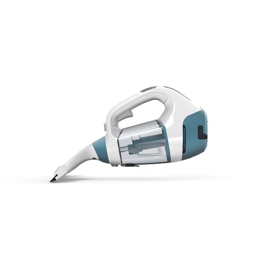BLACKDECKER WW100 handheld vacuum, white and blue, left side view, modern design on white background.